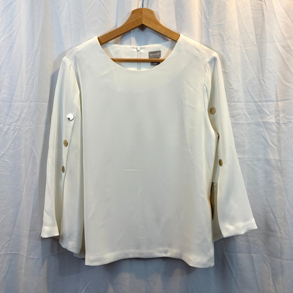 NWT Women's Chico's White Blouse Gold Buttons Career Dressy Size Medium